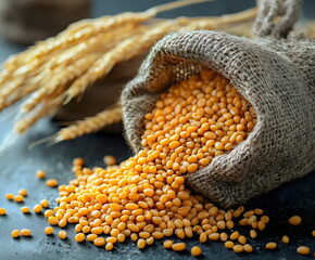 Golden lentils spill from a burlap sack into a rustic setting, showcasing organic grains and natural beauty in soft light