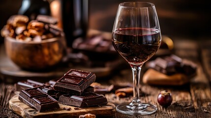 Dessert setting with glass of port wine and dark chocolate