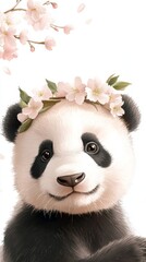 Naklejka premium Adorable panda bear wearing a floral crown, surrounded by delicate cherry blossom branches, showcasing a playful and charming expression in a whimsical illustration style