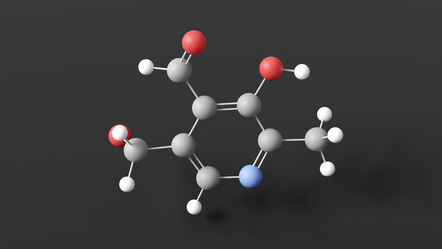 pyridoxal molecule 3d, molecular structure, ball and stick model, structural chemical formula vitamin b6 active form