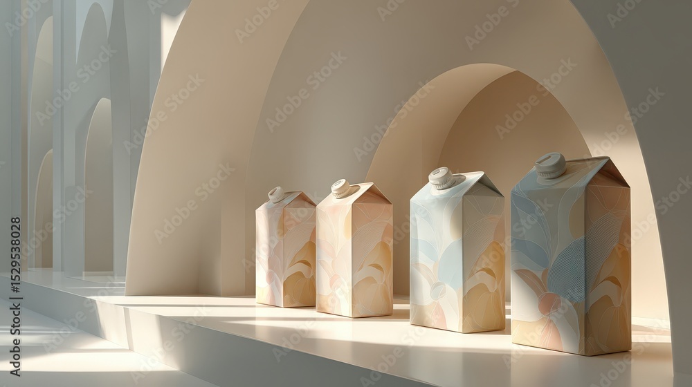Poster stylish packaged drinks on minimalist shelf in modern architectural setting