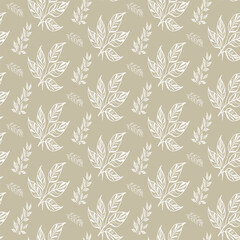 Elegant seamless pattern with hand-drawn silver botanical leaf bunches on a beige background. A classic design with a soft texture for traditional wallpaper and textiles.
