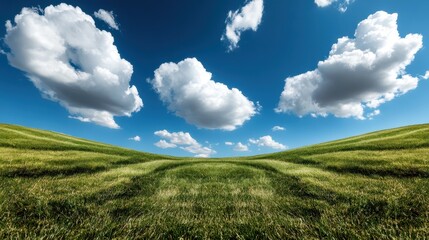 Obraz premium A breathtaking view of sprawling green hills under a vast blue sky adorned with fluffy white clouds, inviting feelings of freedom and the beauty of nature's vastness.