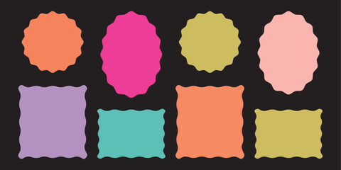 Rectangle shape frame with zigzag edge. Set of Zigzag and colorful Shapes. Silhouette stickers circle, square, oval and rectangle labels. Geometric shapes with scallop and zigzag edges set.