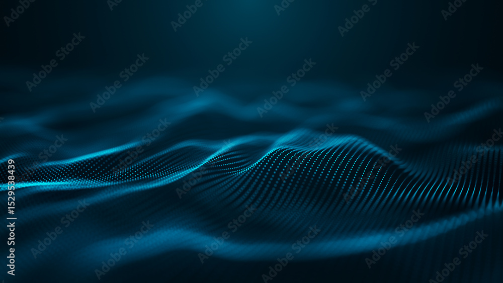 Poster an abstract digital wave pattern that features illuminated blue dots against a dark backdrop, creati