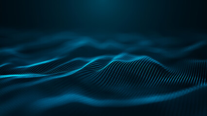 An abstract digital wave pattern that features illuminated blue dots against a dark backdrop, creating depth. Weave effect. 3D Abstract illustration.