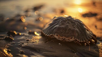 Horseshoe crab crawling on sandy beach with ancient armored shell, symbolizing prehistoric resilience and marine life survival in natural habitat.