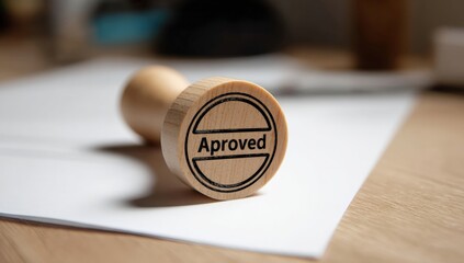 A wooden stamp labeled "Aproved" rests on a blank sheet of paper on a wooden surface, highlighting an approval or validation process.
