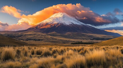 Fototapeta premium Snow Capped Volcano Sunset Landscape