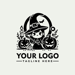 Cartoon little witch in large hat standing beside carved Halloween pumpkin with smiling face in monochrome style. Holiday concept
