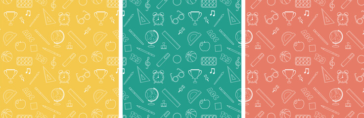 Back to school. Collection of seamless repeating patterns in line style. Vector illustration.