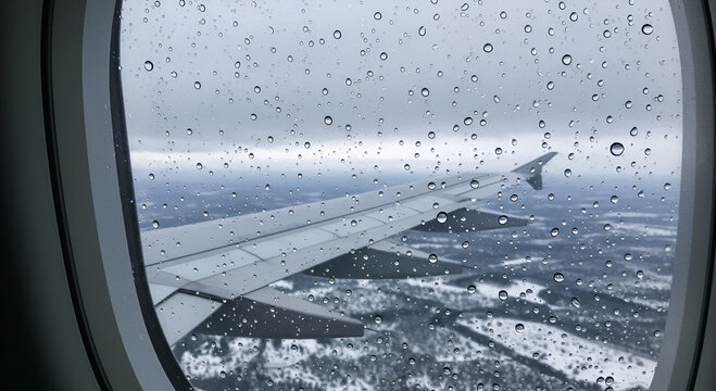 Rainy day view from an airplane window showing the wing
