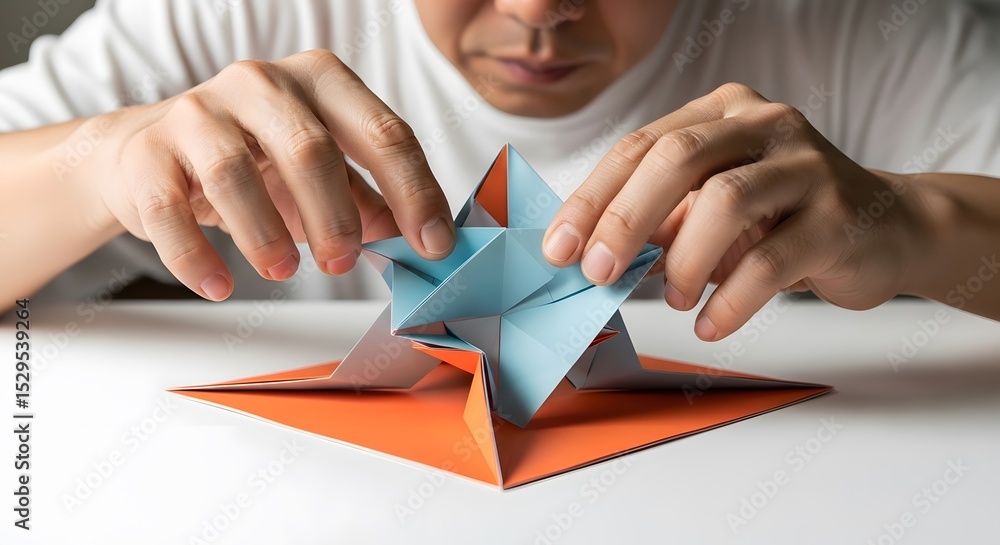 Aufkleber man hands manipulating geometric origami paper object with orange and blue elements on white backgro