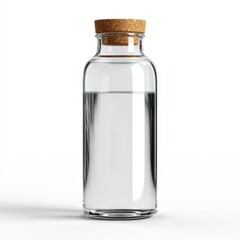 Glass bottle with cork stopper half filled with clear water ideal for health and wellness