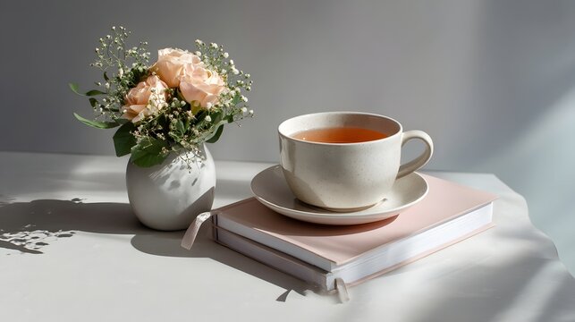 fresh flat lay of wellness planner and cup of tea on a minimal desk