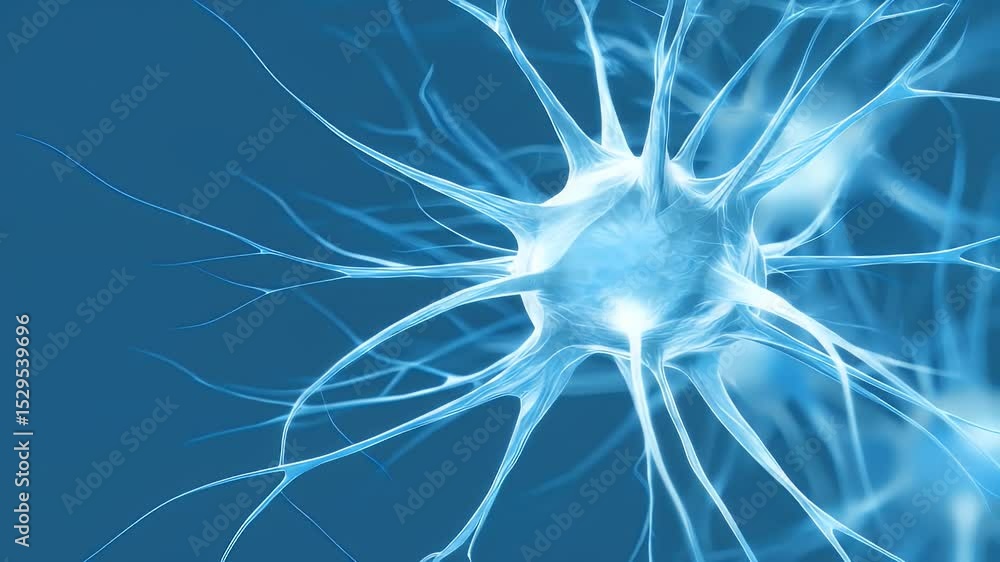 Poster detailed neuron cell structure with branching dendrites and blue background illustrating neurologica