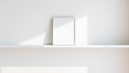 Simple white shelf, single minimalist art print, neutral background,  shadow,  monochrome