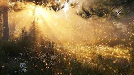 Sunbeams through trees illuminate a forest meadow, catching on spiderwebs and foliage