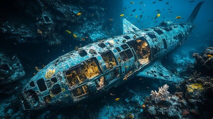 Sunken aircraft rests on ocean floor, colonized by coral and fish