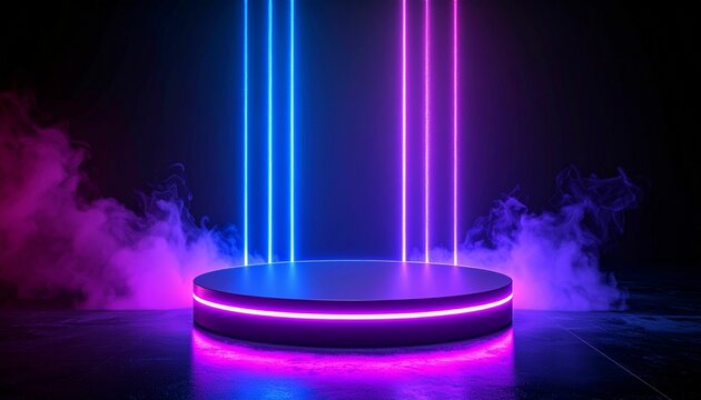 Neon light circular platform on black background. Futuristic display space with verti