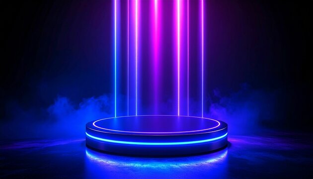 Neon light circular platform on black background. Futuristic display space with verti 