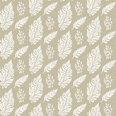 Luxury seamless pattern with ornate silver damask leaves and fern branches on a beige background. A rich and classic design for opulent wallpaper and formal textiles.
