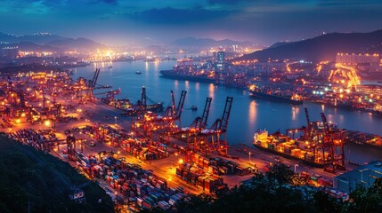 Obraz premium Night view of illuminated China port with cargo traffic