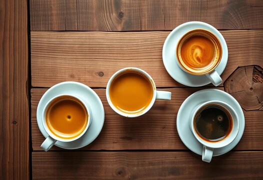 Overhead view of coffee cups on rustic wooden table, rustic, work