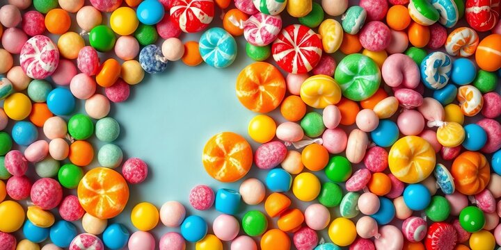 Overhead vibrant candy assortment, colorful sweets, sugary treats,  gumdrops,  marshmallows