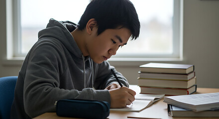 Focused Young Person Studying at Desk with Textbooks, Engaged in Academic Learning and Concentration