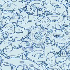 Seamless pattern of line art inflatable swim rings shaped like animals and toys. Fun summer design perfect for kids products, beachwear, wrapping paper, and backgrounds.