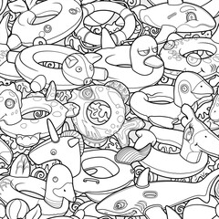 Seamless pattern of line art inflatable swim rings shaped like animals and toys. Fun summer design perfect for kids products, beachwear, wrapping paper, and backgrounds.