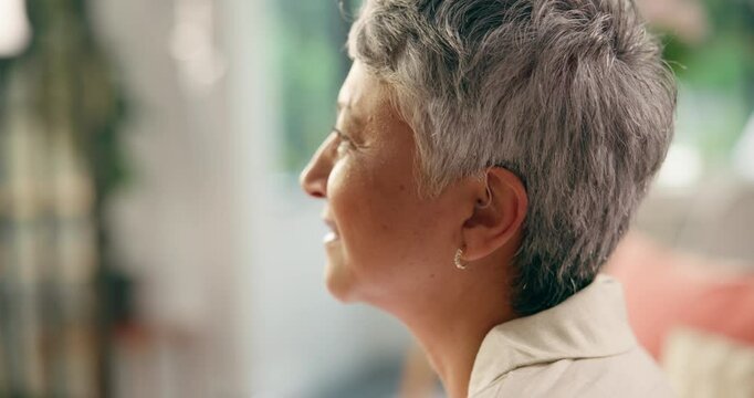 Deaf, senior woman and hearing aid in home for medical prescription, restore sound and healthcare. Retirement, old person with disability and cochlear implant device for tinnitus and acoustic tumor
