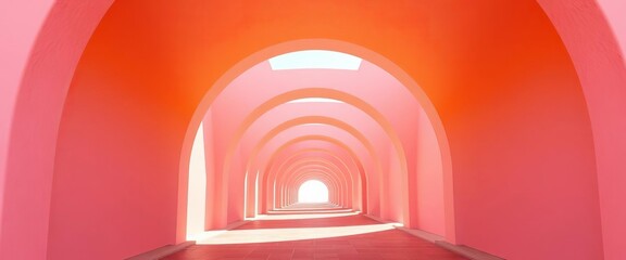Naklejka premium Pastel pink and orange archway tunnel bathed in bright sunlight, creating a vibrant, whimsical atmosphere, texture, magical