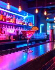 Neon Lit Martini at Bar with Ice and Lemon Slice Cocktail