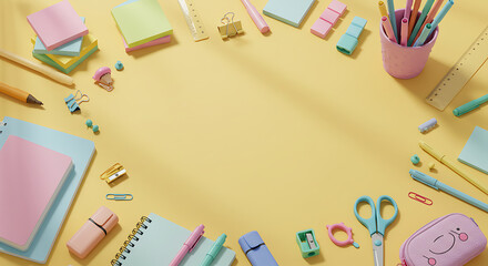 Creative Stationery Flat Lay: Pastel School and Office Supplies on Vibrant Yellow Background with Copy Space