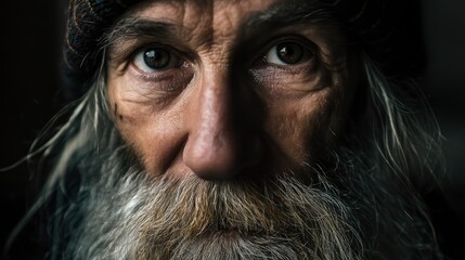 Portrait of an old man with long grey beard, deep wrinkles, face dirty from city life, eyes full of wisdom