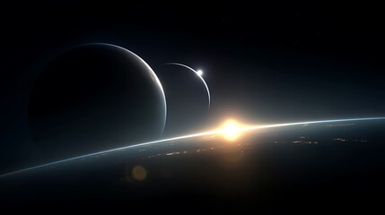 Planetary alignment with distant sunburst horizon