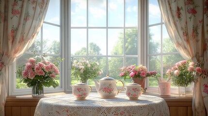 Sunlit bay window scene with floral tea set and roses