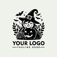 Cartoon little witch in large hat standing beside carved Halloween pumpkin with smiling face in monochrome style. Holiday concept
