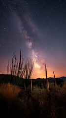 Silhouette of wild desert plants and cacti in the foreground, behind them an explosion of stars, Milky Way