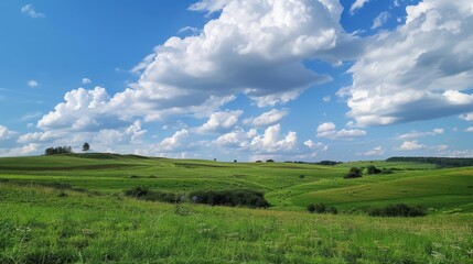 Enchanting Scenery of Lush Green Grassland under a Vast Blue Sky with Floating White Clouds: A Serene Natural Tapestry