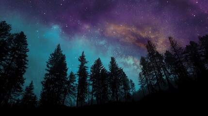 Silhouettes of dense pine trees on a ridge, sharp black against a glowing cosmic sky with swirling nebulas