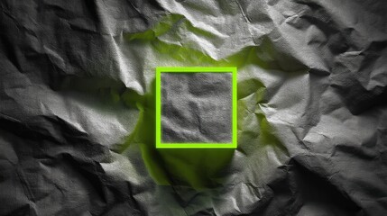 Single neon green square hovering above desaturated crumpled paper texture, soft lighting