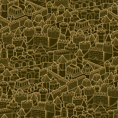 Seamless pattern of detailed sandcastles in various shapes and sizes. Rich golden texture, perfect for summer, beach-themed designs, children’s products, wrapping paper, and backgrounds
