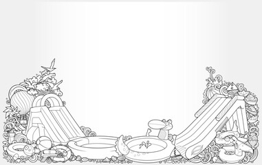 Line art summer beach scene with tents, inflatables, drinks, and accessories. Fun and detailed horizontal illustration ideal for banners, web headers, kids’ themes, and vacation promotions.