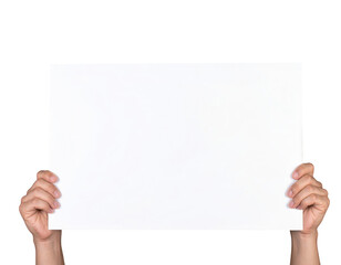 Hands holding blank sign poster mockup template empty white paper