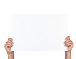 Hands holding blank sign poster mockup template empty white paper