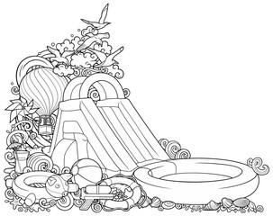 Line art summer beach scene with tents, inflatables, drinks, and accessories. Fun and detailed horizontal illustration ideal for banners, web headers, kids’ themes, and vacation promotions.