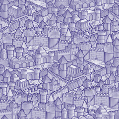 Seamless pattern of detailed sandcastles in various shapes and sizes. Rich golden texture, perfect for summer, beach-themed designs, children’s products, wrapping paper, and backgrounds